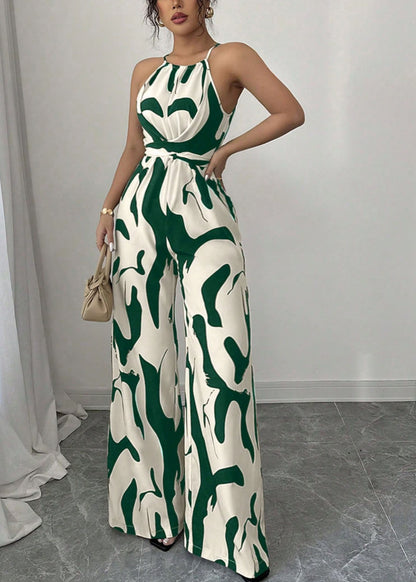 Stylish White Print Lace Up Cotton Jumpsuits Sleeveless