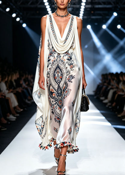 Stylish White Print Patchwork Chiffon Long Dress Summer