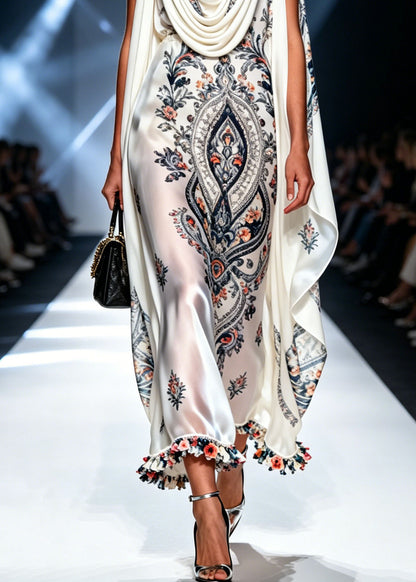 Stylish White Print Patchwork Chiffon Long Dress Summer