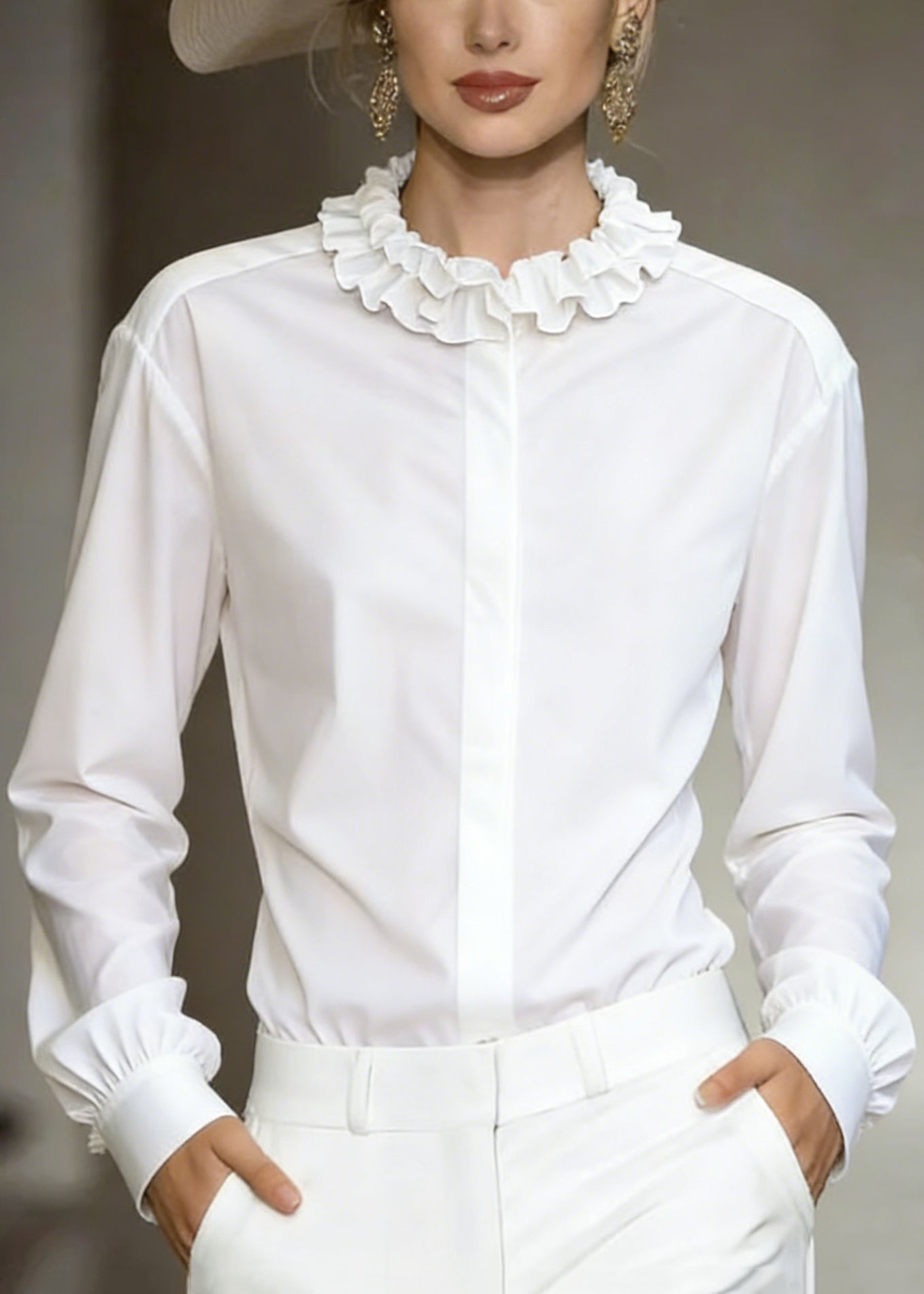 Stylish White Ruffled Button Solid Cotton Shirt Tops Fall