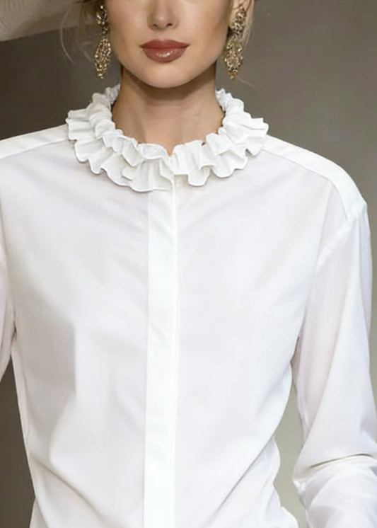 Stylish White Ruffled Button Solid Cotton Shirt Tops Fall