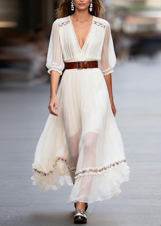 Stylish White Ruffled Floral Patchwork Chiffon Dress Summer