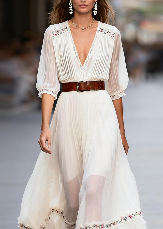 Stylish White Ruffled Floral Patchwork Chiffon Dress Summer
