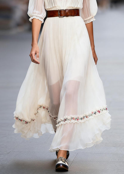 Stylish White Ruffled Floral Patchwork Chiffon Dress Summer