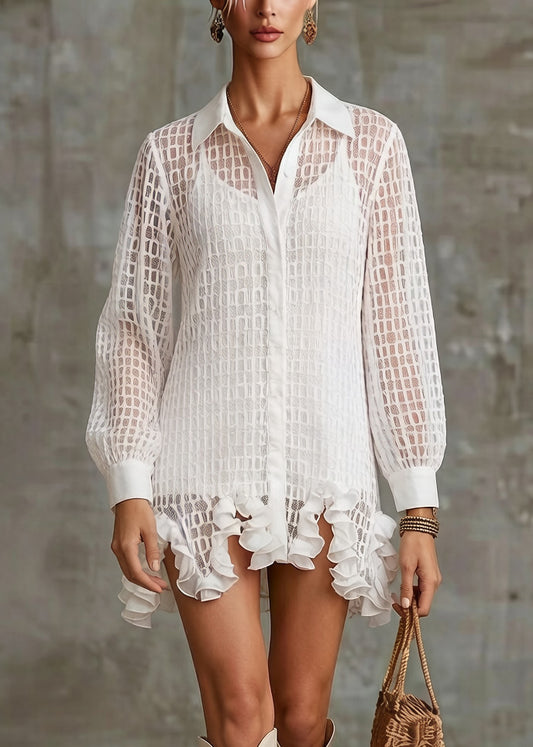 Stylish White Ruffled Hollow Out Tulle Shirt Dress Spring