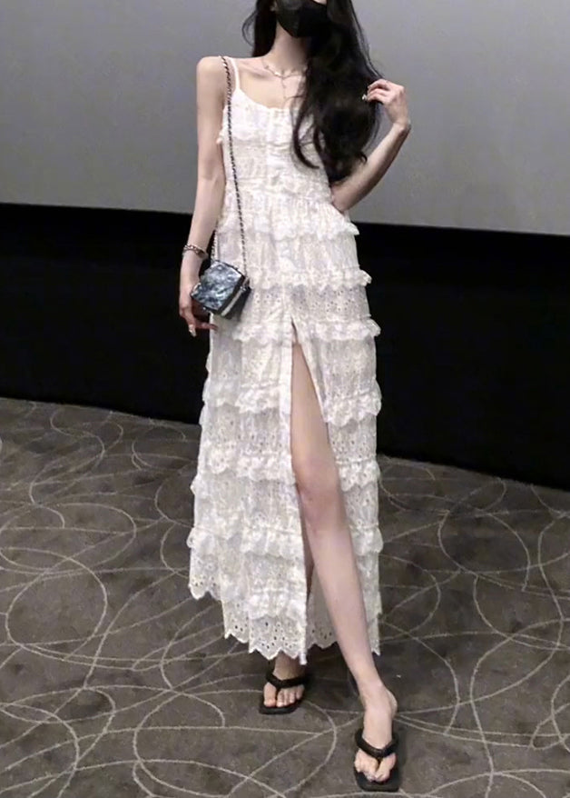 Stylish White Ruffled Side Open Lace Spaghetti Strap Dress Sleeveless