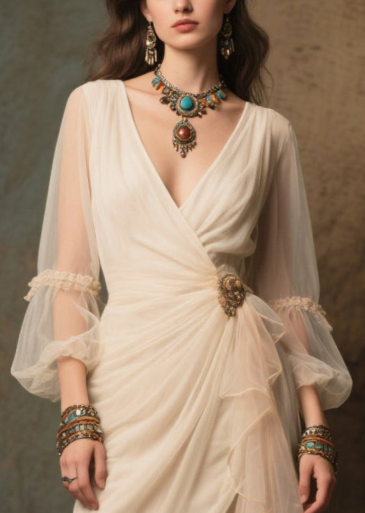 Stylish White Side Open Tulle Dinner Dresses Lantern Sleeve