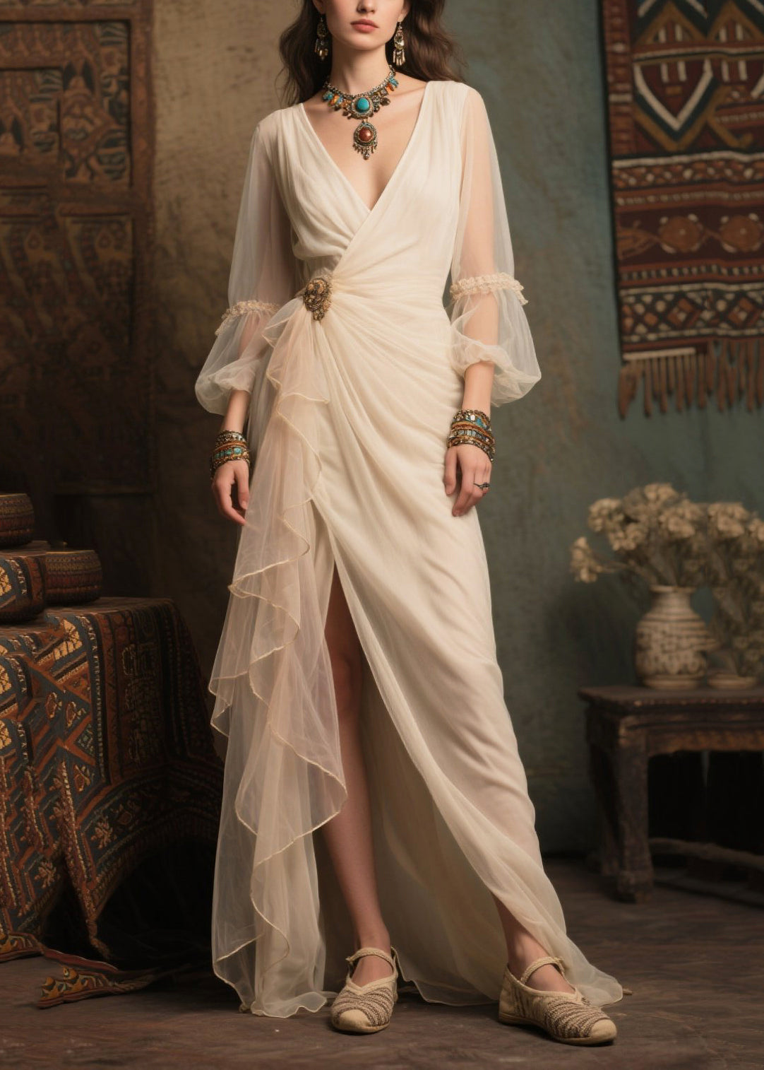 Stylish White Side Open Tulle Dinner Dresses Lantern Sleeve