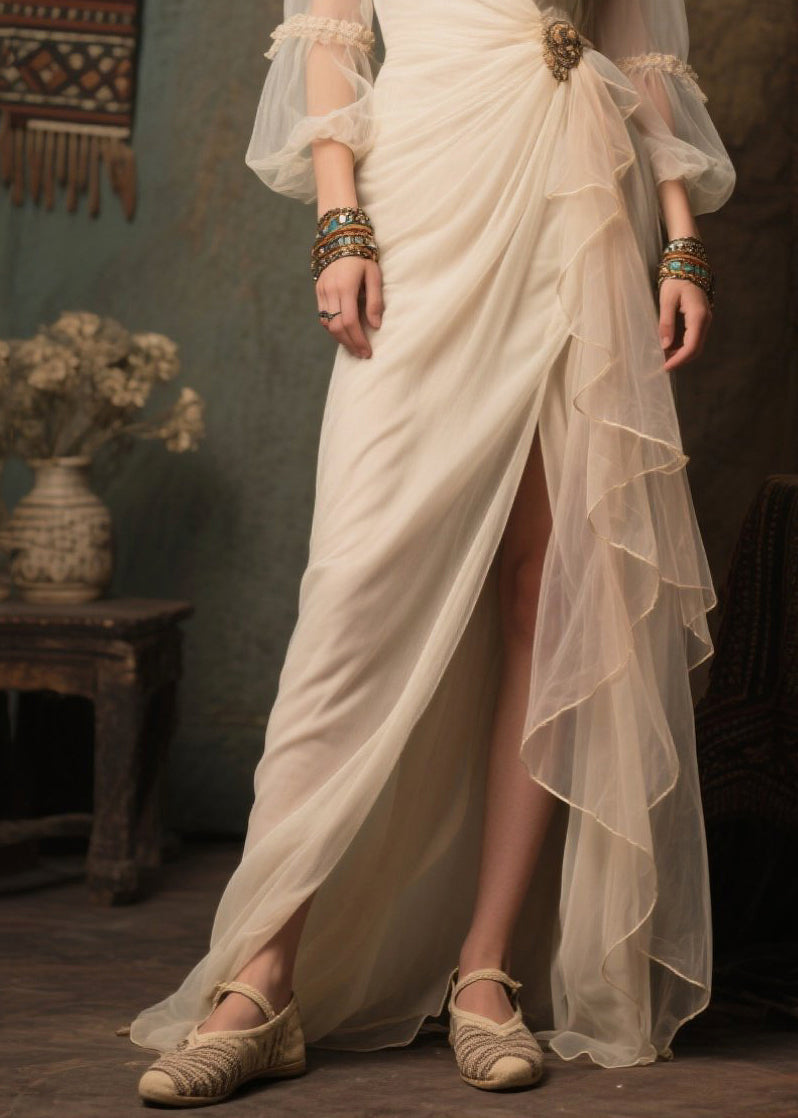 Stylish White Side Open Tulle Dinner Dresses Lantern Sleeve