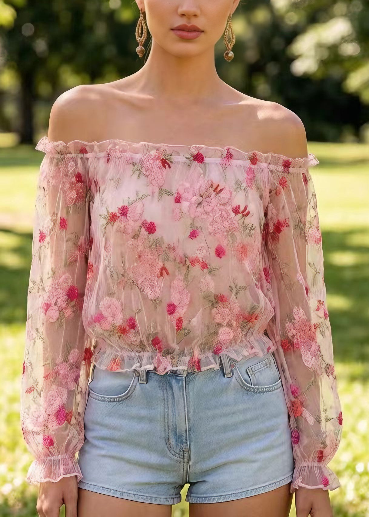 Stylish White Slash Neck Embroidered Tulle Top Long Sleeve