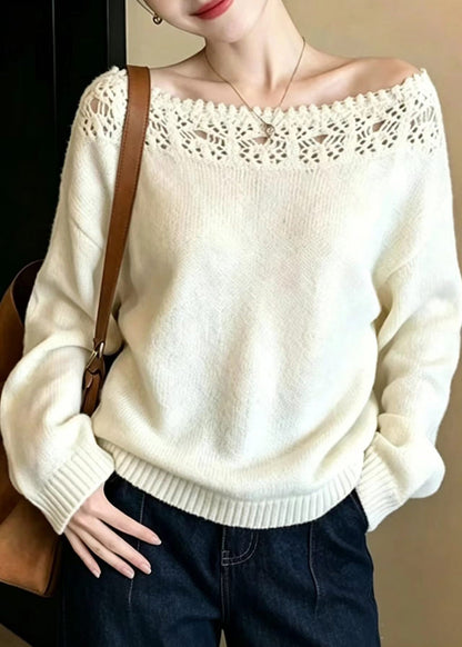 Stylish White Slash Neck Hollow Out Crochet Knit Sweater Long Sleeve
