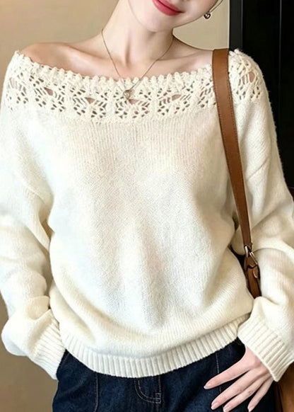Stylish White Slash Neck Hollow Out Crochet Knit Sweater Long Sleeve