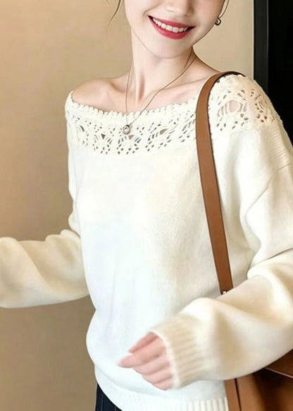 Stylish White Slash Neck Hollow Out Crochet Knit Sweater Long Sleeve