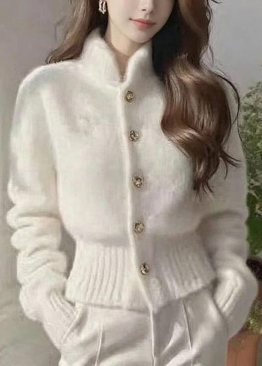 Stylish White Stand Collar Faux Mink Hair Knitted Cardigan Fall