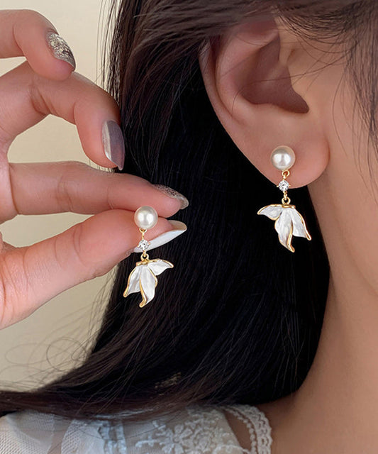 Stylish White Sterling Silver Overgild Zircon Pearl Fishtail Tassel Drop Earrings