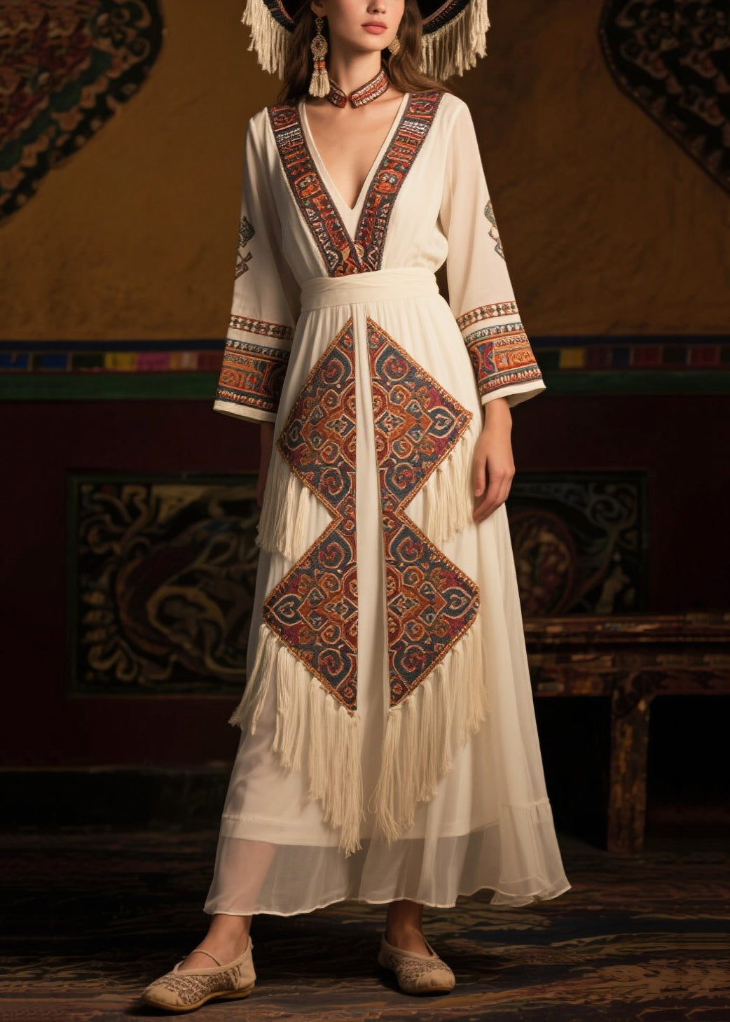 Stylish White Tasseled Print Chiffon Long Dress Fall