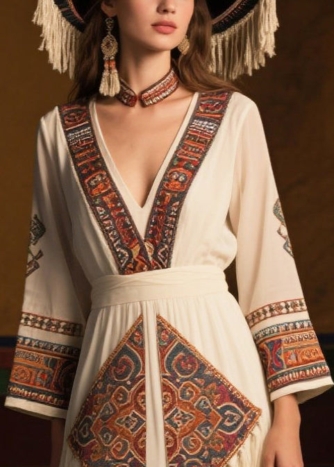 Stylish White Tasseled Print Chiffon Long Dress Fall