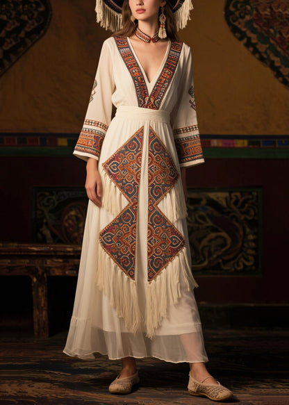 Stylish White Tasseled Print Chiffon Long Dress Fall