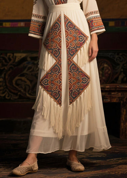Stylish White Tasseled Print Chiffon Long Dress Fall