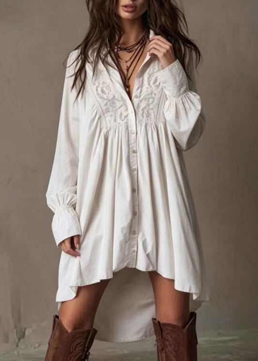Stylish White Turn-Down Collar Low High Design Cotton Dress Long Sleeve