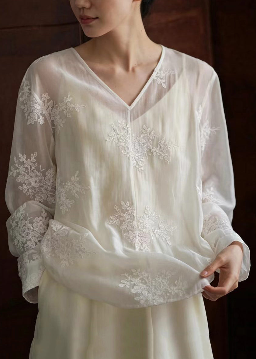 Stylish White V Neck Embroidered Sheer Top Long Sleeve