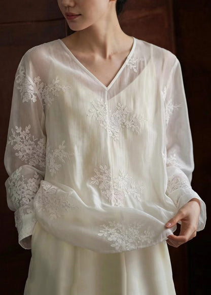 Stylish White V Neck Embroidered Sheer Top Long Sleeve