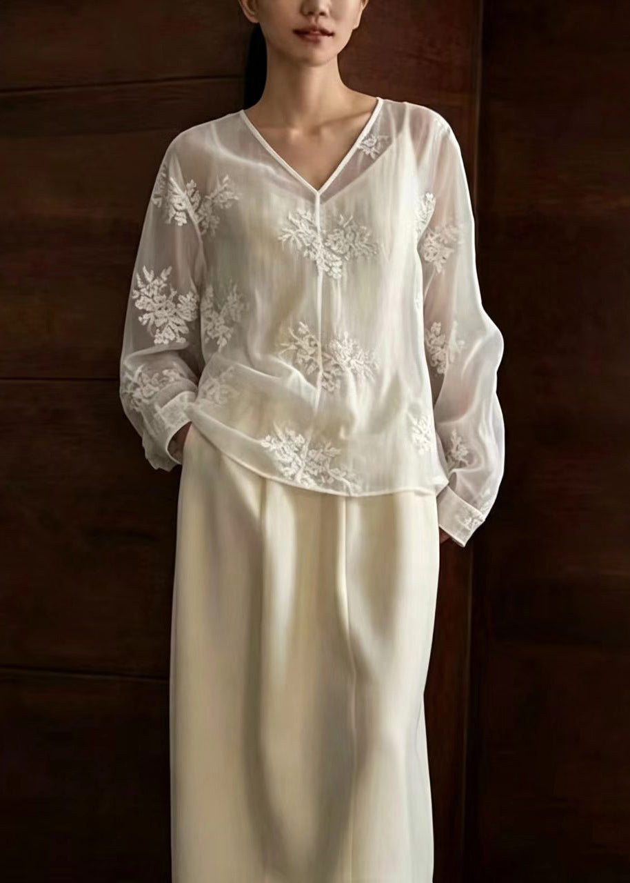 Stylish White V Neck Embroidered Sheer Top Long Sleeve