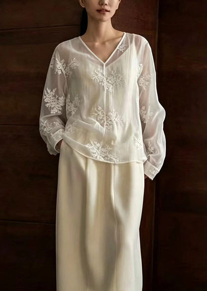 Stylish White V Neck Embroidered Sheer Top Long Sleeve