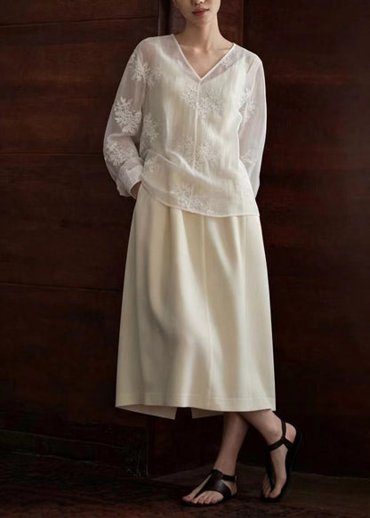 Stylish White V Neck Embroidered Sheer Top Long Sleeve