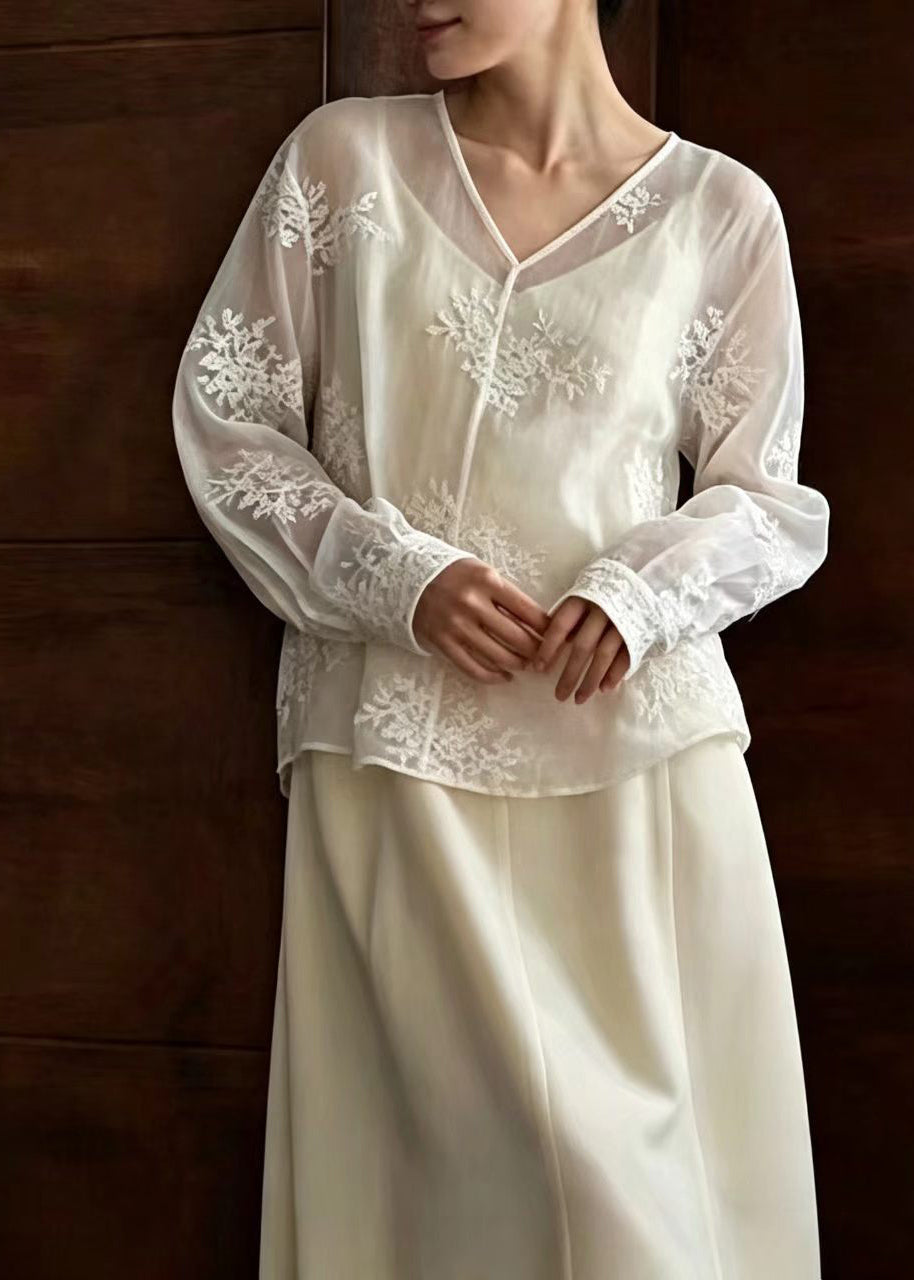 Stylish White V Neck Embroidered Sheer Top Long Sleeve