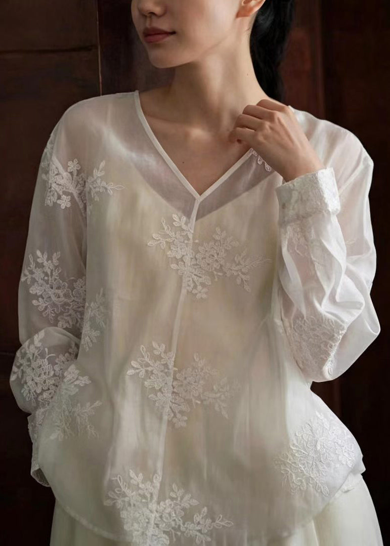 Stylish White V Neck Embroidered Sheer Top Long Sleeve