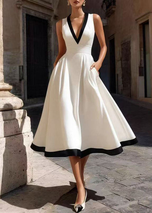 Stylish White V Neck Exra Large Hem Shift Dresses Sleeveless