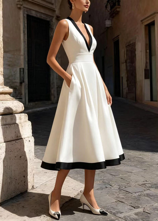 Stylish White V Neck Exra Large Hem Shift Dresses Sleeveless