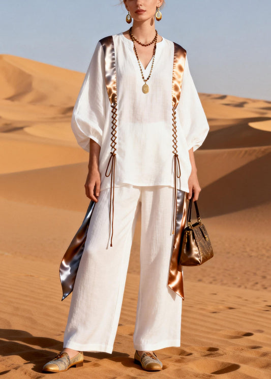 Stylish White V Neck Lace Up Patchwork Linen Two Pieces Set Lantern Sleeve