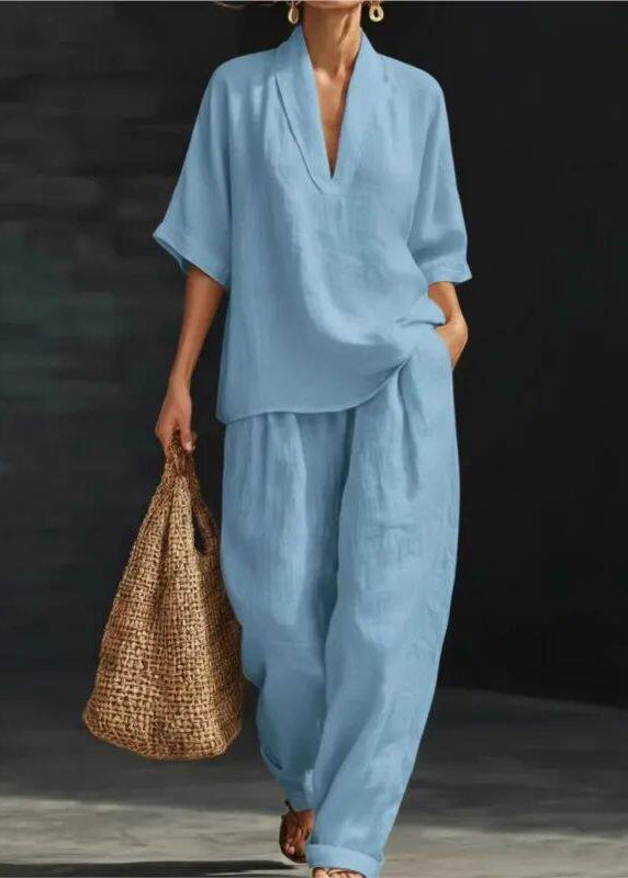 Stylish White V Neck Oversized Cotton Two-Piece Set Summer