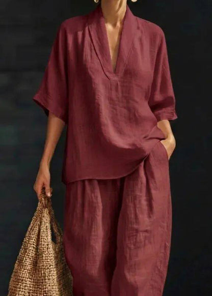Stylish White V Neck Oversized Cotton Two-Piece Set Summer