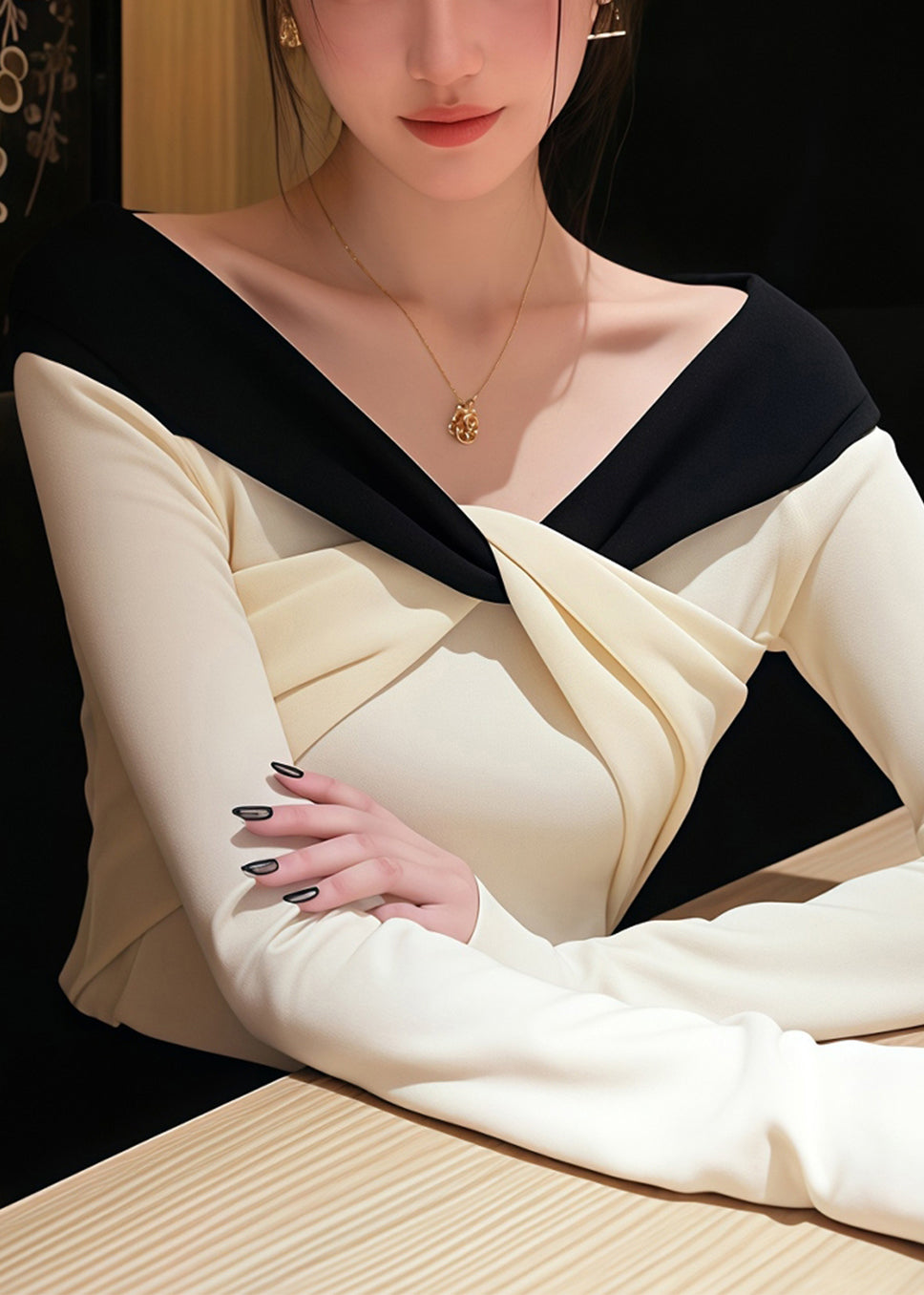 Stylish White V Neck Patchwork Knit Sweater Spring