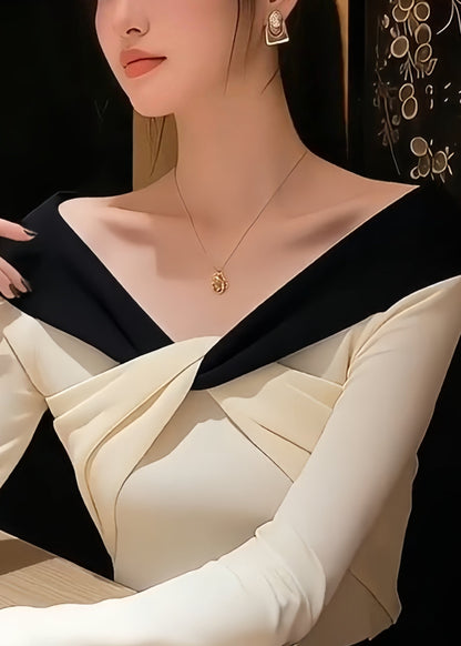 Stylish White V Neck Patchwork Knit Sweater Spring