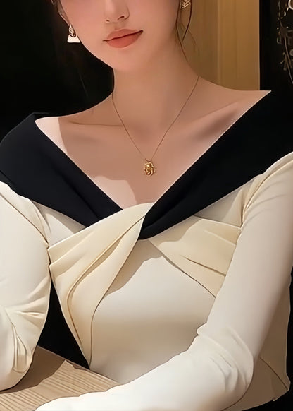 Stylish White V Neck Patchwork Knit Sweater Spring