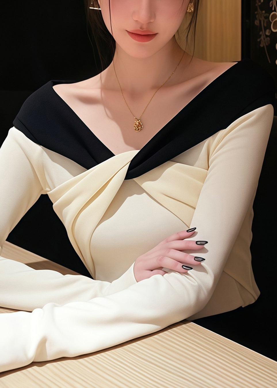 Stylish White V Neck Patchwork Knit Sweater Spring