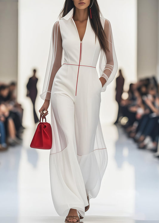 Stylish White V Neck Patchwork Tulle Chiffon Jumpsuit Summer