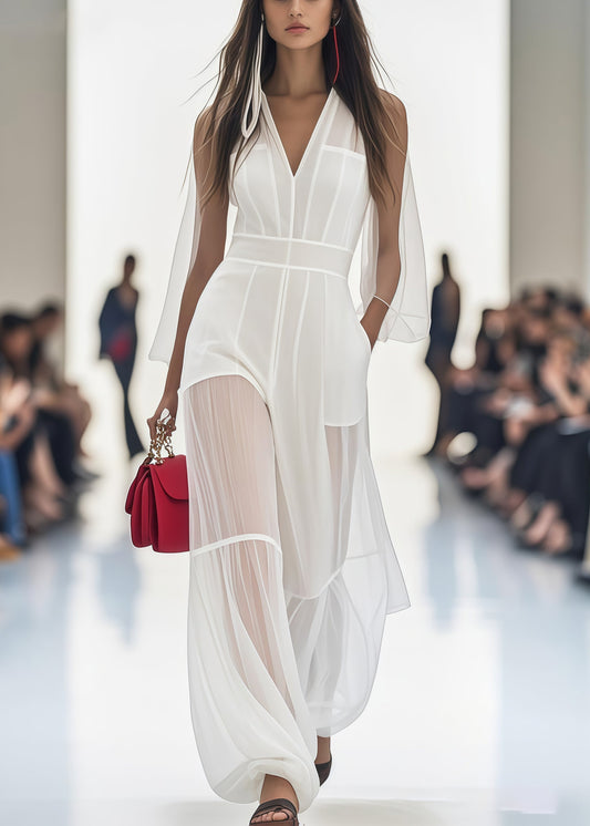Stylish White V Neck Patchwork Tulle Silm Fit Jumpsuits Summer