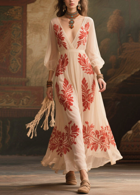 Stylish White V Neck Print Exra Large Hem Chiffon Dress Summer