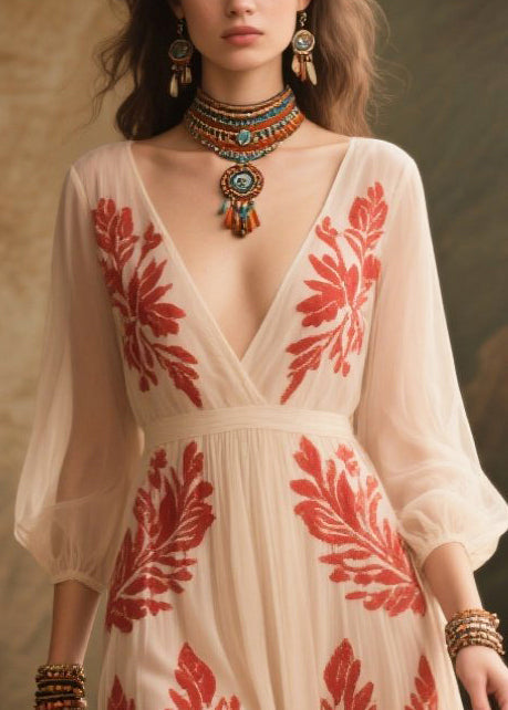 Stylish White V Neck Print Exra Large Hem Chiffon Dress Summer