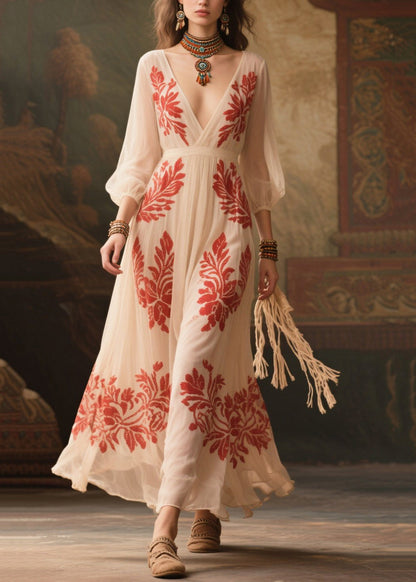 Stylish White V Neck Print Exra Large Hem Chiffon Dress Summer