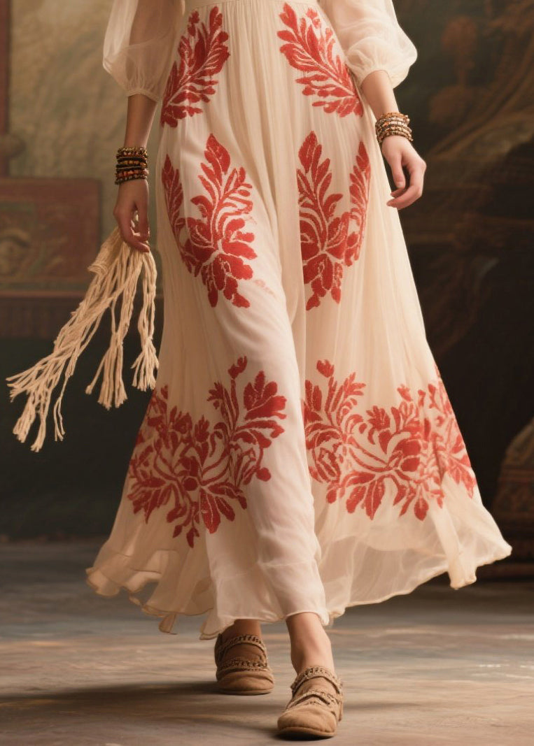 Stylish White V Neck Print Exra Large Hem Chiffon Dress Summer