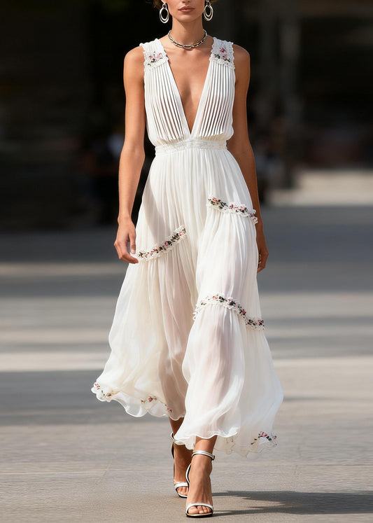 Stylish White V Neck Ruffled Floral Chiffon Long Dresses Sleeveless
