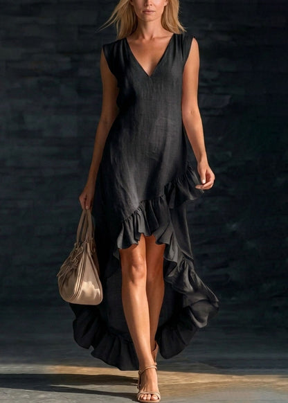 Stylish White V Neck Ruffled Patchwork Cotton Dresses Summer