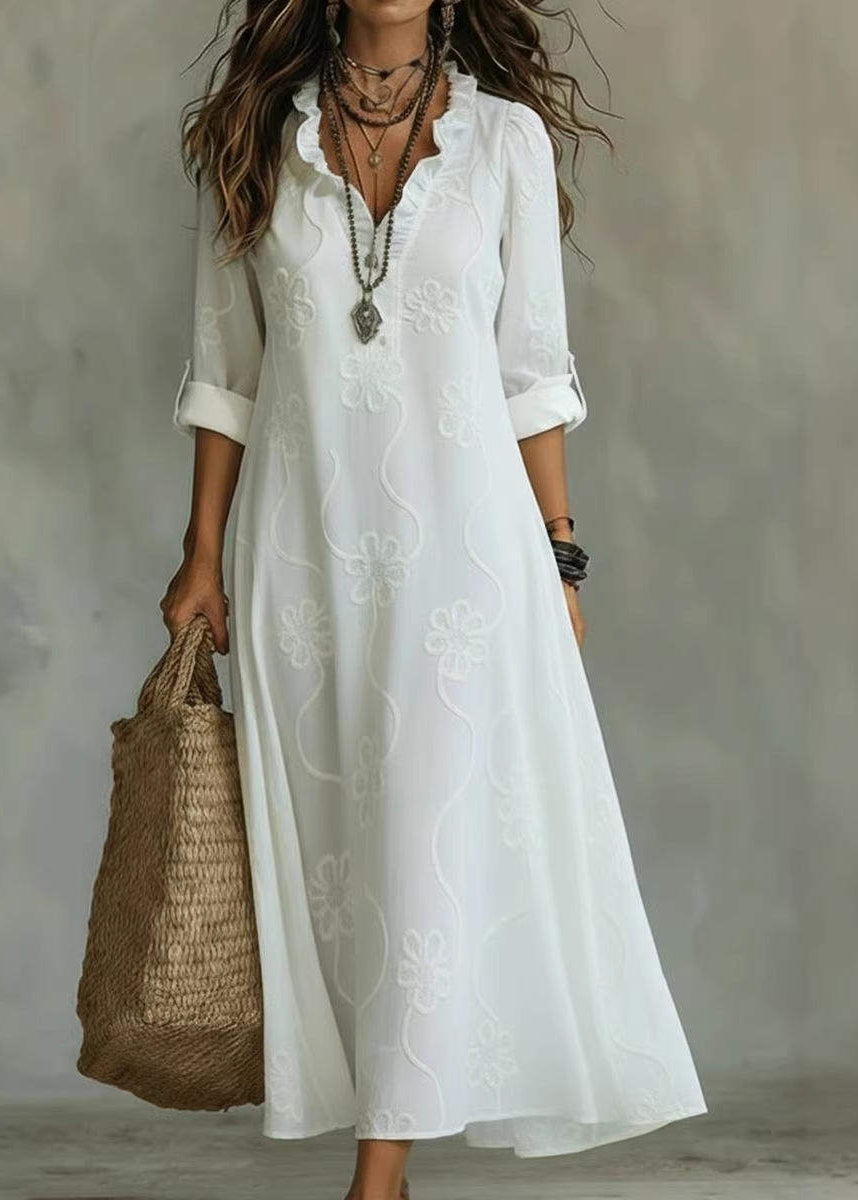 Stylish White V Neck Ruffled Print Vacation Dresses Spring