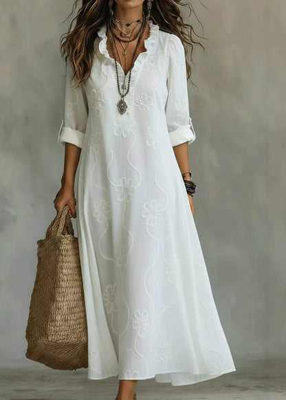 Stylish White V Neck Ruffled Print Vacation Dresses Spring